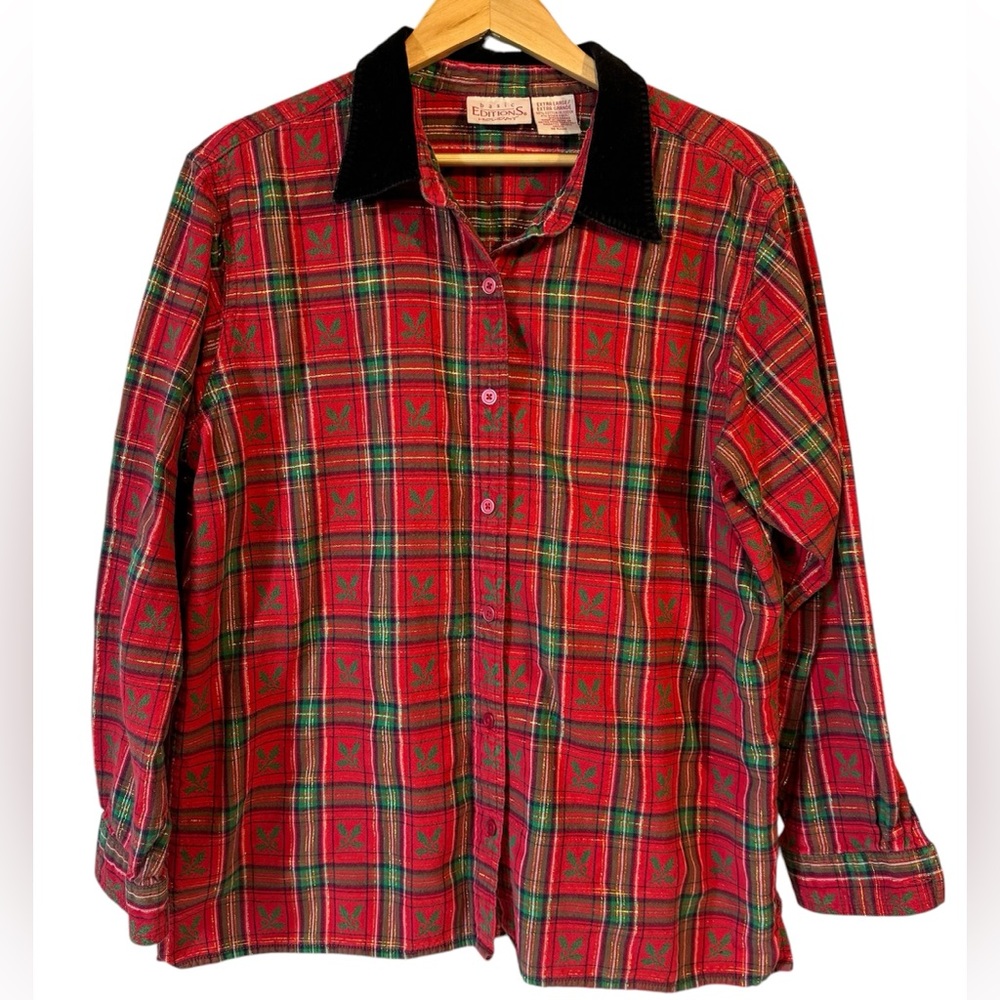 Vtg 90s Basic Editions Holiday Chrismas Button Up Shirt Women's XL Mistletoe